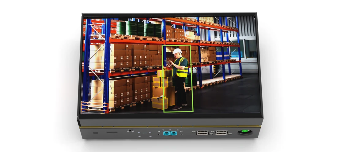 The Canary display showing a worker in a warehouse aisle outlined in a green detection box